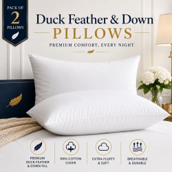 Duck Feather Pillows Pair Extra Filled Hypoallergenic Hotel Quality Pillow Packs