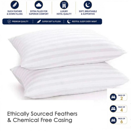 Duck Feather Pillows Pair Extra Filled Hypoallergenic Hotel Quality Pillow Packs