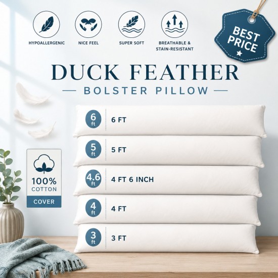 Duck Feather &Down Bolster Pillow FULL Body Support Extra Filled Bolster Cushion