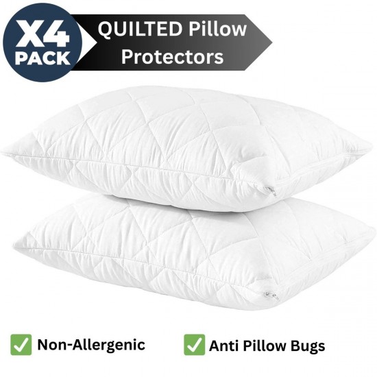 Luxury Pack of 4 Quilted Pillow Protectors Soft Zipped Breathable Pillow Pairs